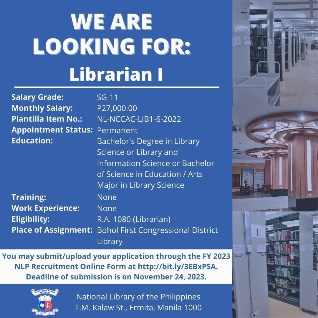 NLP is Hiring Librarian I National Library of the Philippines